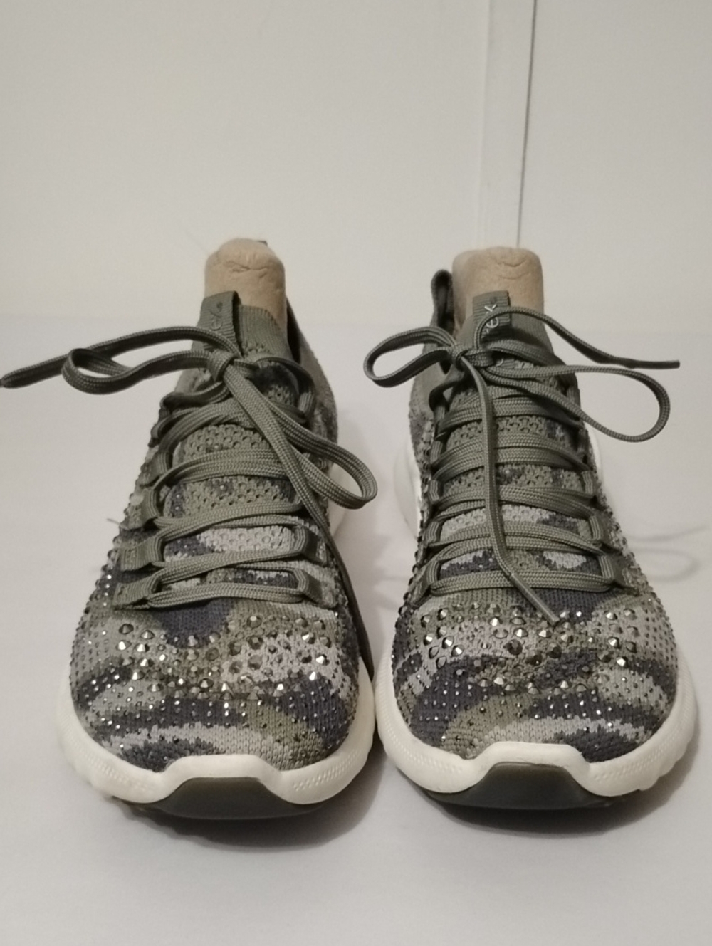 Aetrex Carly Olive Green Knit Lace-Up Sneakers‎ with Crystal Accents